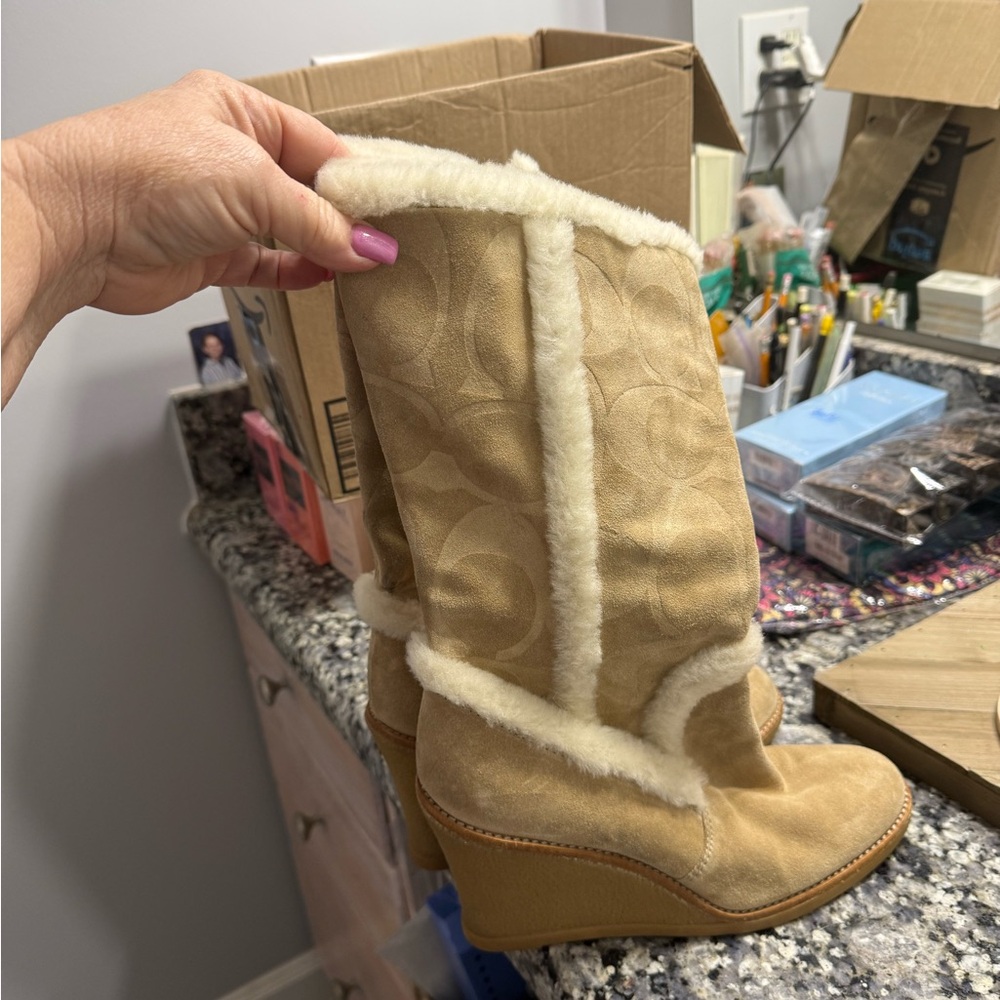Coach Tan Shearling Wedge Boots
